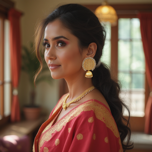 Woman in traditional attire with gold jewelry in a warm-toned room.