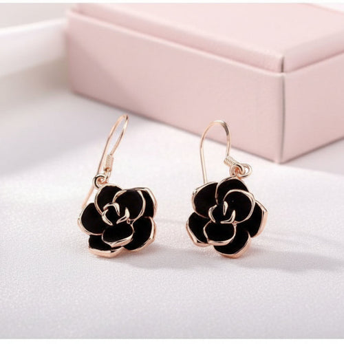 Black Flower Rose Gold Earrings - Sweetheart Jewel