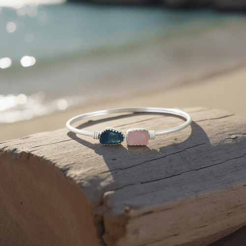 Celestial Harmony Cuff – Neon Apatite & Rose Quartz Silver Bracelet - Sweetheart Jewel