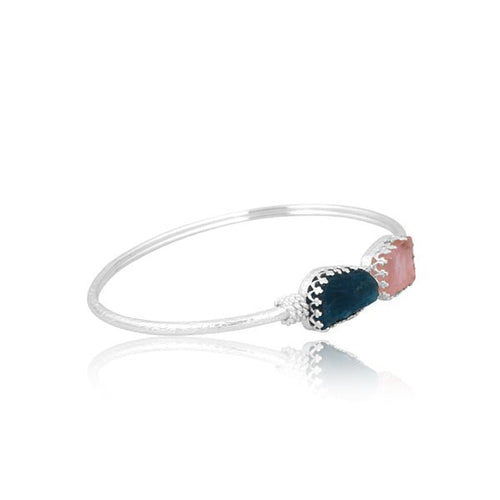 Celestial Harmony Cuff – Neon Apatite & Rose Quartz Silver Bracelet - Sweetheart Jewel