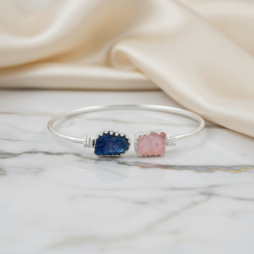 Celestial Harmony Cuff – Neon Apatite & Rose Quartz Silver Bracelet - Sweetheart Jewel