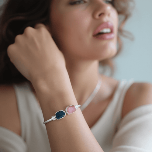 Celestial Harmony Cuff – Neon Apatite & Rose Quartz Silver Bracelet - Sweetheart Jewel