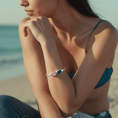 Celestial Harmony Cuff – Neon Apatite & Rose Quartz Silver Bracelet - Sweetheart Jewel