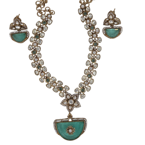 Designer Gold Plated Necklace & Earrings Set with Moissanite Stone - Bridal/Party Jewelry - Sweetheart Jewel