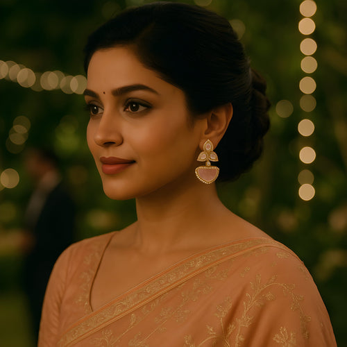 Designer Gold Plated Necklace & Earrings Set with Moissanite Stone - Bridal/Party Jewelry - Sweetheart Jewel