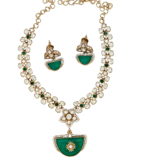 Designer Gold Plated Necklace & Earrings Set with Moissanite Stone - Bridal/Party Jewelry - Sweetheart Jewel