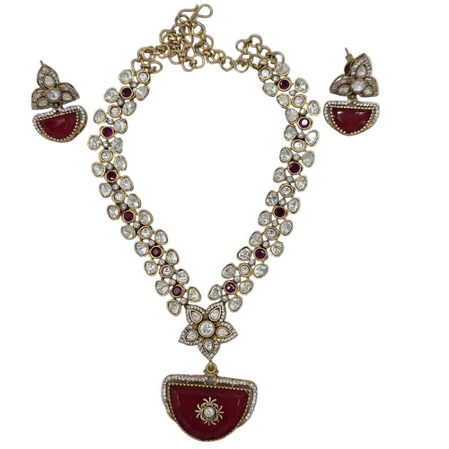 Designer Gold Plated Necklace & Earrings Set with Moissanite Stone - Bridal/Party Jewelry - Sweetheart Jewel