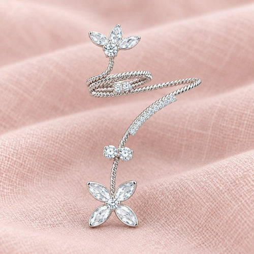 EverBloom Crystal Floral Statement Ring- A silver-toned floral jewelry piece featuring two flower motifs - Sweetheart Jewel