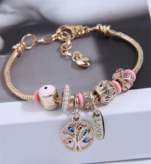 Evil Eye Beads and Tree Charms Bracelet - Sweetheart Jewel