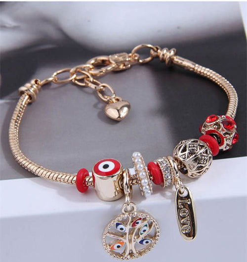 Evil Eye Beads and Tree Charms Bracelet - Sweetheart Jewel