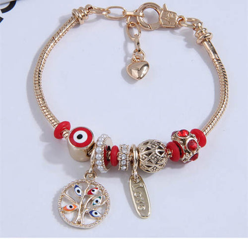 Evil Eye Beads and Tree Charms Bracelet - Sweetheart Jewel