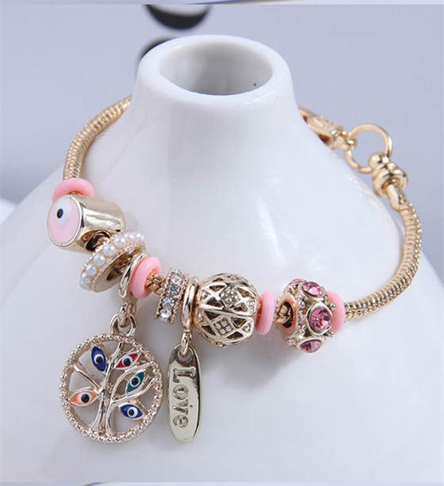Evil Eye Beads and Tree Charms Bracelet - Sweetheart Jewel