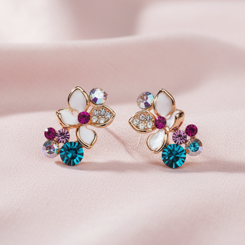 Floral Austrian Crystal Rose Gold Ear Studs - Sweetheart Jewel