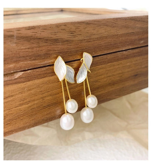 Freshwater Pearl Leaves Drop Earrings - Sweetheart Jewel