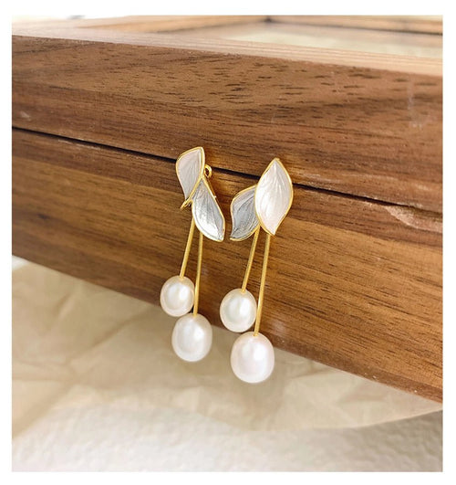 Freshwater Pearl Leaves Drop Earrings - Sweetheart Jewel