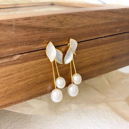 Freshwater Pearl Leaves Drop Earrings - Sweetheart Jewel