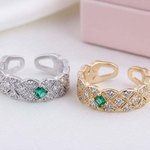 Green Gem Decorate Cubic Zirconia Braid Design Fashion Ring - Sweetheart Jewel