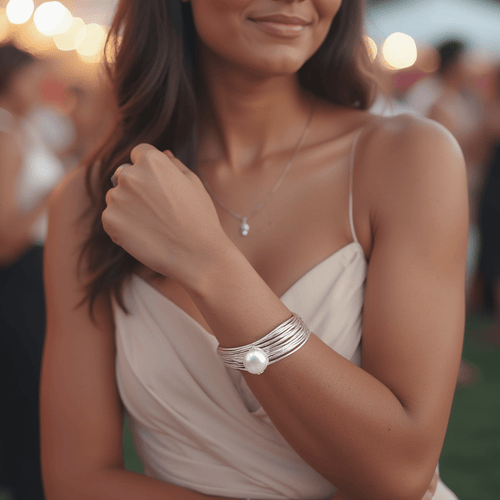 Moonlit Grace Pearl Bracelet – Multi Silver Wire Elegance - Sweetheart Jewel