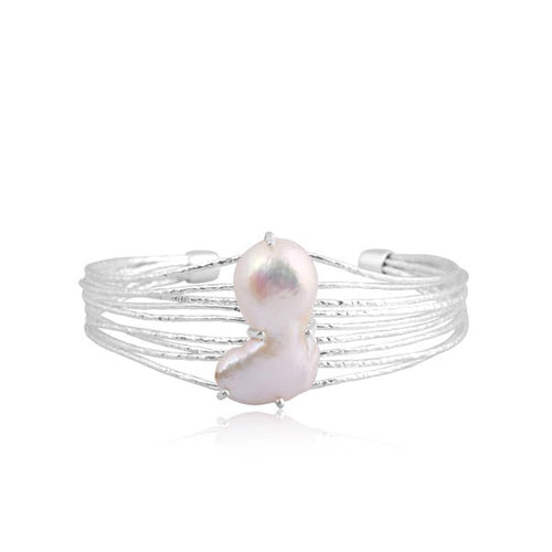 Moonlit Grace Pearl Bracelet – Multi Silver Wire Elegance - Sweetheart Jewel