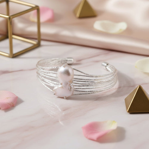 Moonlit Grace Pearl Bracelet – Multi Silver Wire Elegance - Sweetheart Jewel