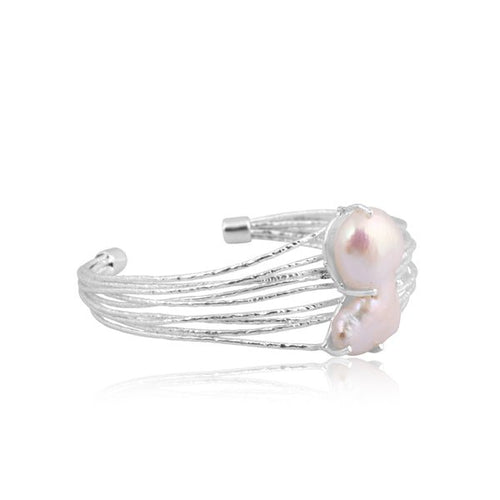 Moonlit Grace Pearl Bracelet – Multi Silver Wire Elegance - Sweetheart Jewel