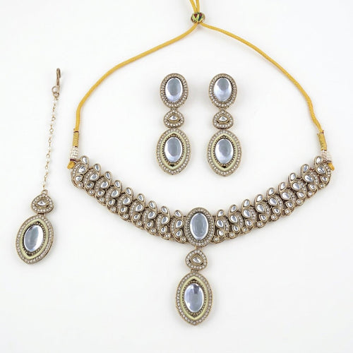Moonlit Palace Necklace, Earrings & Tikka Set - Indo Western Jewelry - Sweetheart Jewel