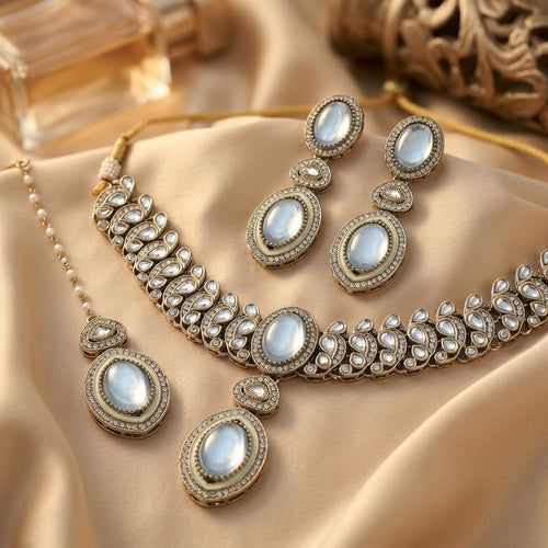 Moonlit Palace Necklace, Earrings & Tikka Set - Indo Western Jewelry - Sweetheart Jewel