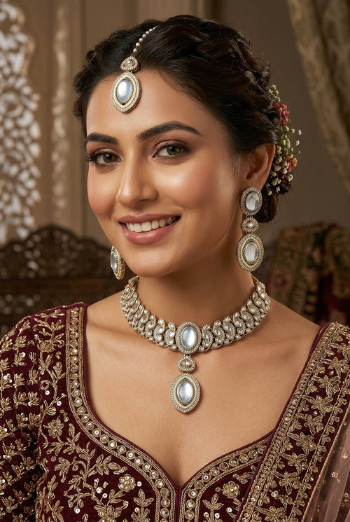 Moonlit Palace Necklace, Earrings & Tikka Set - Indo Western Jewelry - Sweetheart Jewel