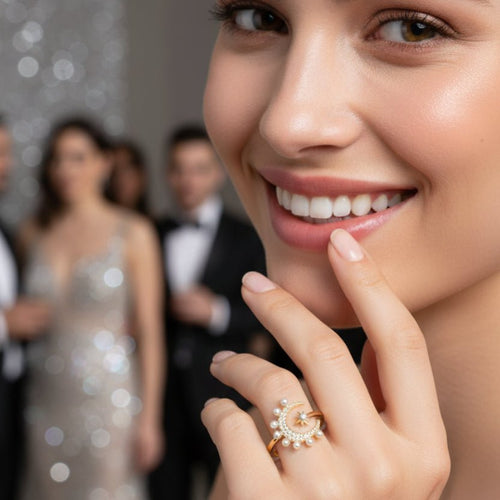 Pearl Decorated Moon and Star Ring - Sweetheart Jewel