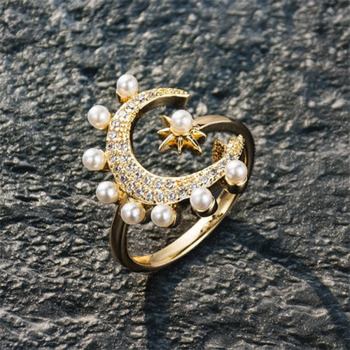 Pearl Decorated Moon and Star Ring - Sweetheart Jewel
