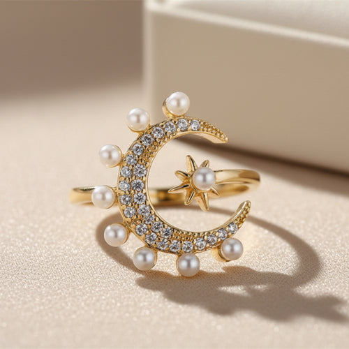 Pearl Decorated Moon and Star Ring - Sweetheart Jewel