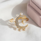 Pearl Decorated Moon and Star Ring - Sweetheart Jewel