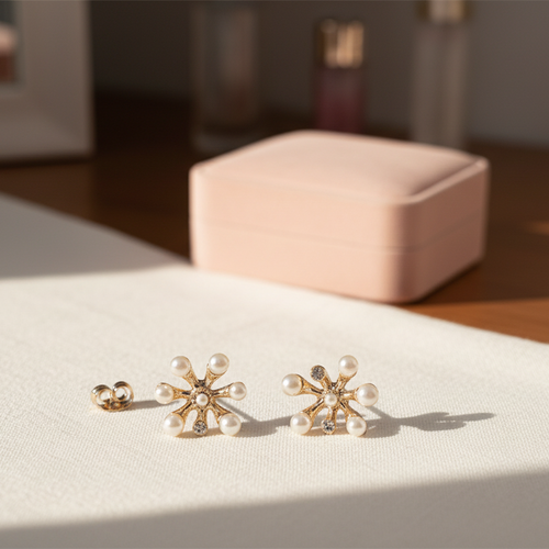 Pearl Decorated Unique Flower Ear Studs - Sweetheart Jewel