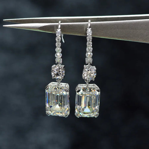 Radiant Emerald - Cut High Carbon Diamond - Platinum Plated Crystal Drop Earrings - Sweetheart Jewel