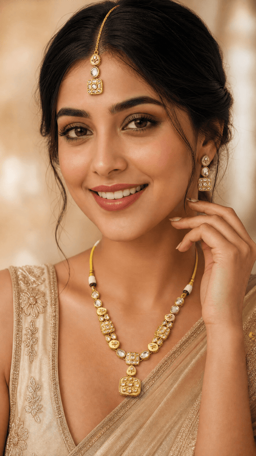 Rajvi Kundan Jewelry Set – Necklace, Earrings & Tikka - Indo-Western Jewelry - Sweetheart Jewel