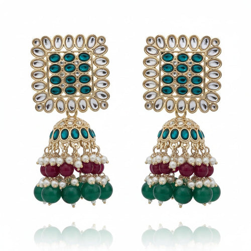 Rangrez Kundan Jhumka Earrings – Pearl & Bead Statement Earrings - Sweetheart Jewel