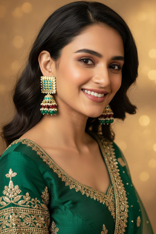 Rangrez Kundan Jhumka Earrings – Pearl & Bead Statement Earrings - Sweetheart Jewel