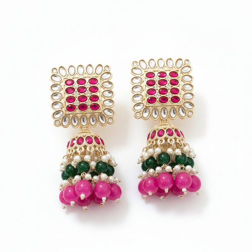 Rangrez Kundan Jhumka Earrings – Pearl & Bead Statement Earrings - Sweetheart Jewel