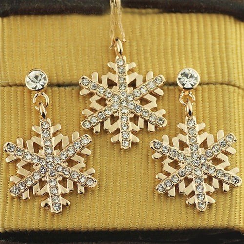 Rhinestone Embellished Snowflake Necklace and Earrings Set - Sweetheart Jewel