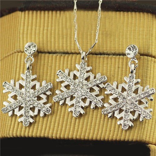 Rhinestone Embellished Snowflake Necklace and Earrings Set - Sweetheart Jewel