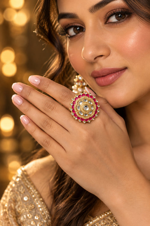 Roselle Bloom Enamel Statement Ring – Adjustable Gold-Tone Cocktail Ring