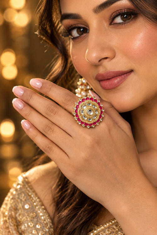 Roselle Bloom Enamel Statement Ring – Adjustable Gold-Tone Cocktail Ring - 4 - Sweetheart Jewel