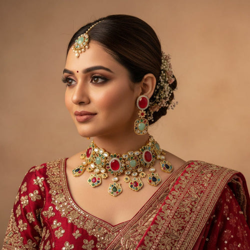 Royal Bloom Gold Plated Kundan Choker Necklace & Earring – Sabyasachi Inspired Bridal - Party Jewelry - Sweetheart Jewel