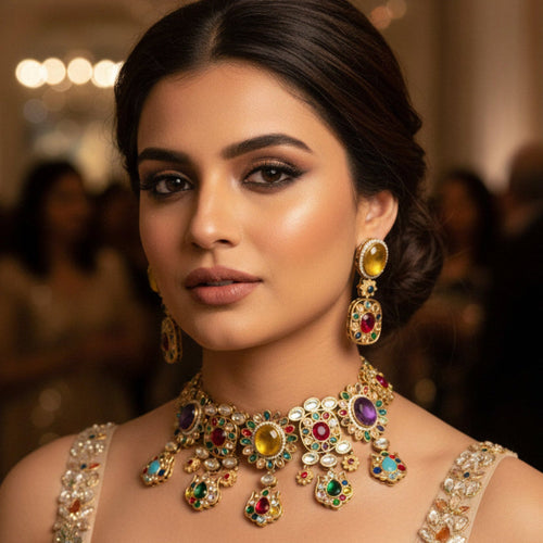 Royal Bloom Gold Plated Kundan Choker Necklace & Earring – Sabyasachi Inspired Bridal - Party Jewelry - Sweetheart Jewel