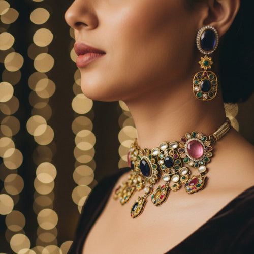 Royal Bloom Gold Plated Kundan Choker Necklace & Earring – Sabyasachi Inspired Bridal - Party Jewelry - Sweetheart Jewel
