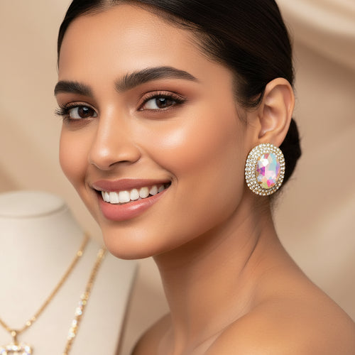Royal Prismatic Oval Zircon Halo Stud Earrings - Sweetheart Jewel