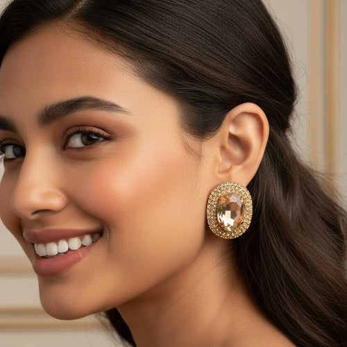 Royal Prismatic Oval Zircon Halo Stud Earrings - Sweetheart Jewel