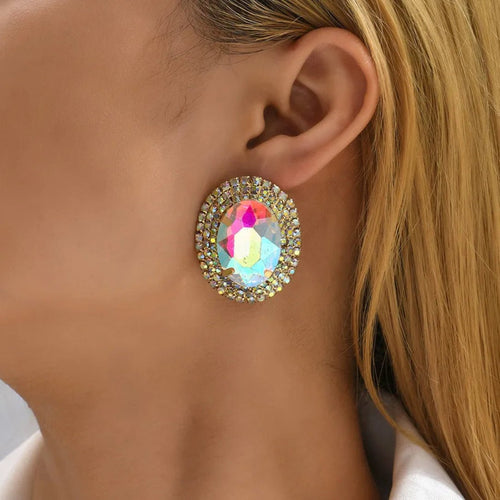 Royal Prismatic Oval Zircon Halo Stud Earrings - Sweetheart Jewel