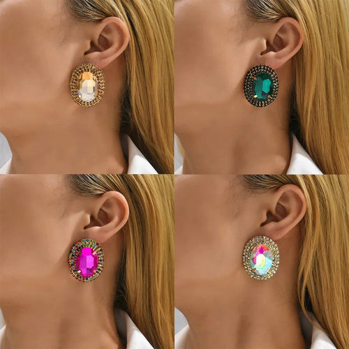 Royal Prismatic Oval Zircon Halo Stud Earrings - Sweetheart Jewel