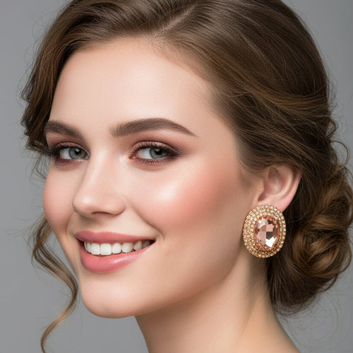 Royal Prismatic Oval Zircon Halo Stud Earrings - Sweetheart Jewel